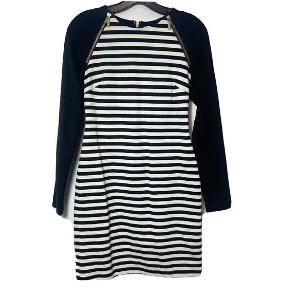 Michael Kors Womens Striped Long Sleeve Sheath Dress Black 2 Zipper Sleeve - Picture 1 of 10